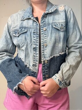 Buffalo Two-Tone Distressed Cropped Denim Jacket - Light & Dark Wash